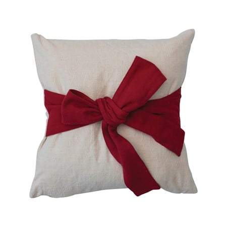 Square Hand Woven Cotton Slub Pillow w Bow