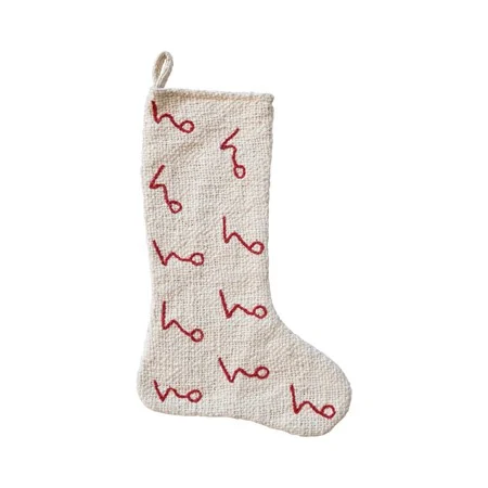 Woven Cotton Stocking with Embroidered Ho Ho Pattern