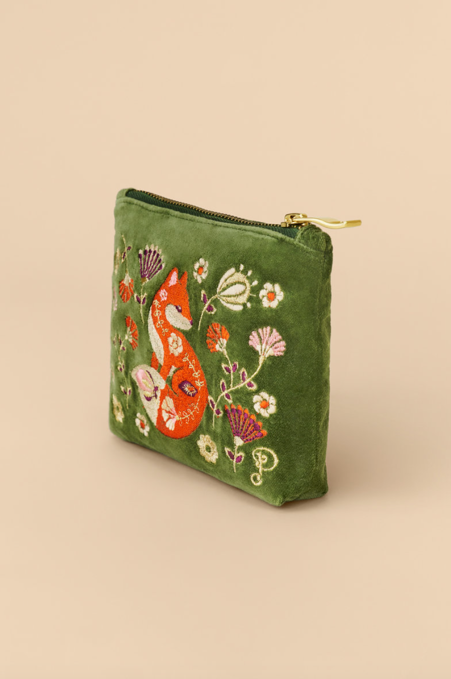 Velvet Embroidered Zip Pouch