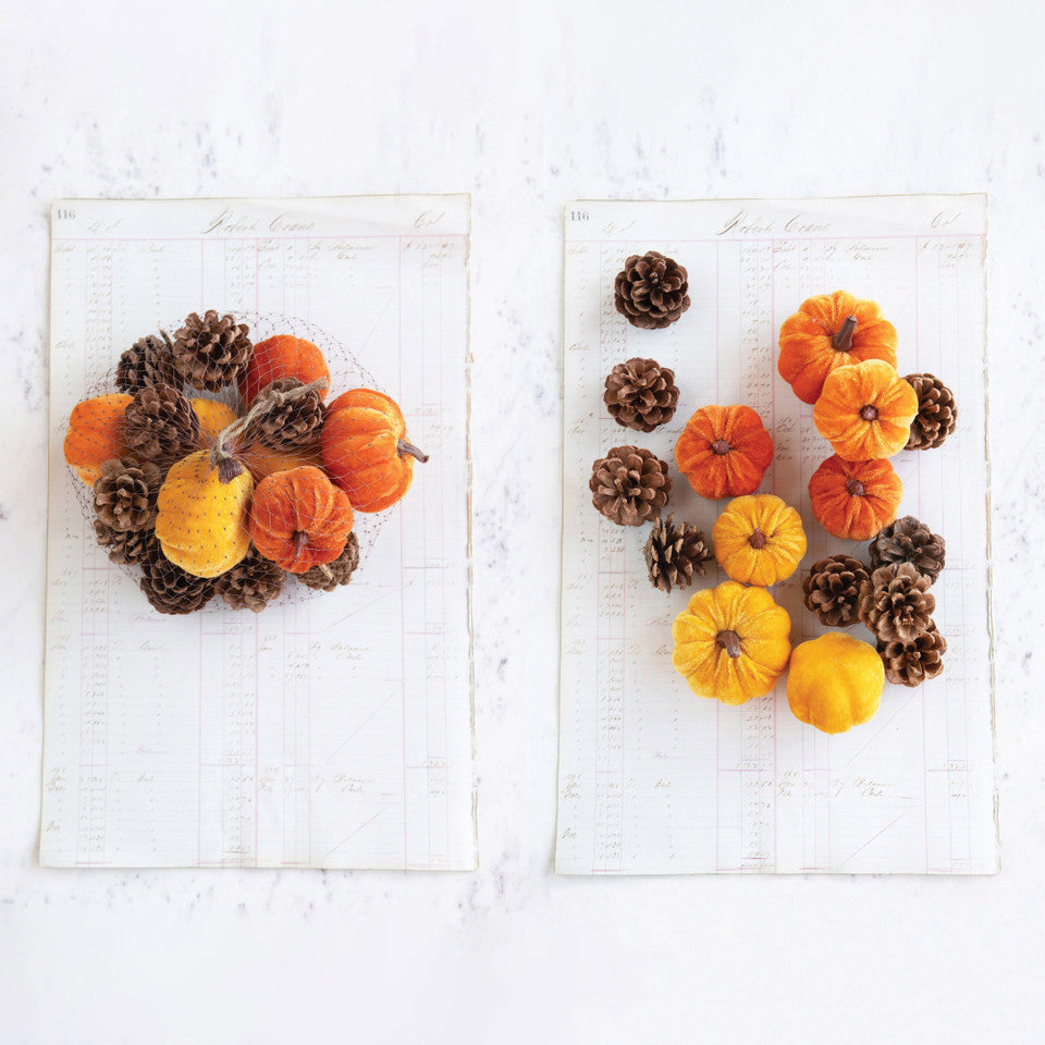 Velvet Pumpkins & Pinecones