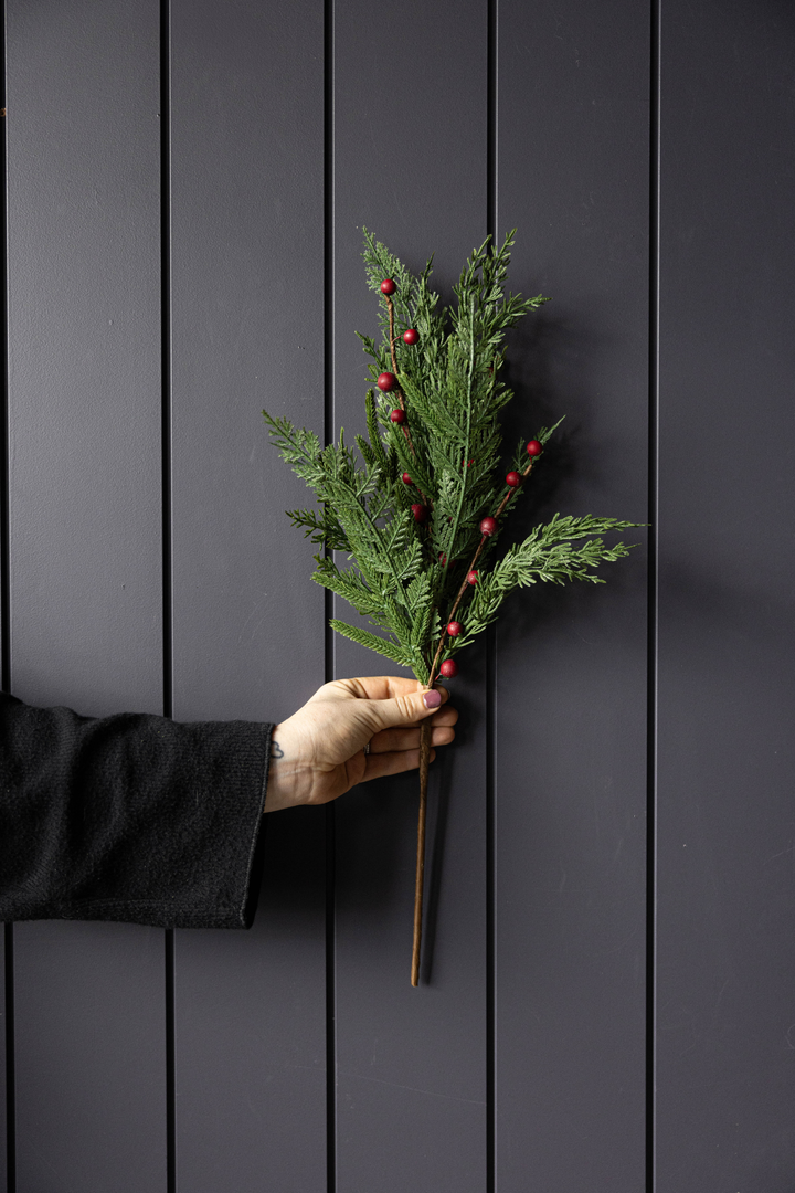 Red Plum Berry Norfolk Cypress Touch Green Faux Stems