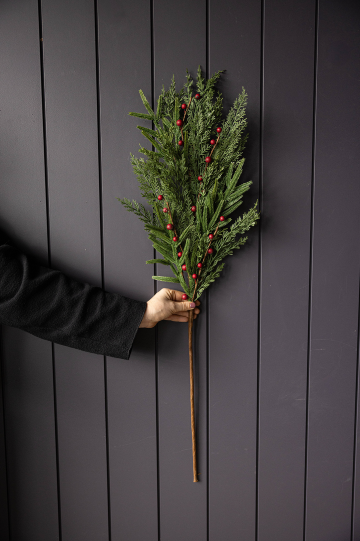 Red Plum Berry Norfolk Cypress Touch Green Faux Stems