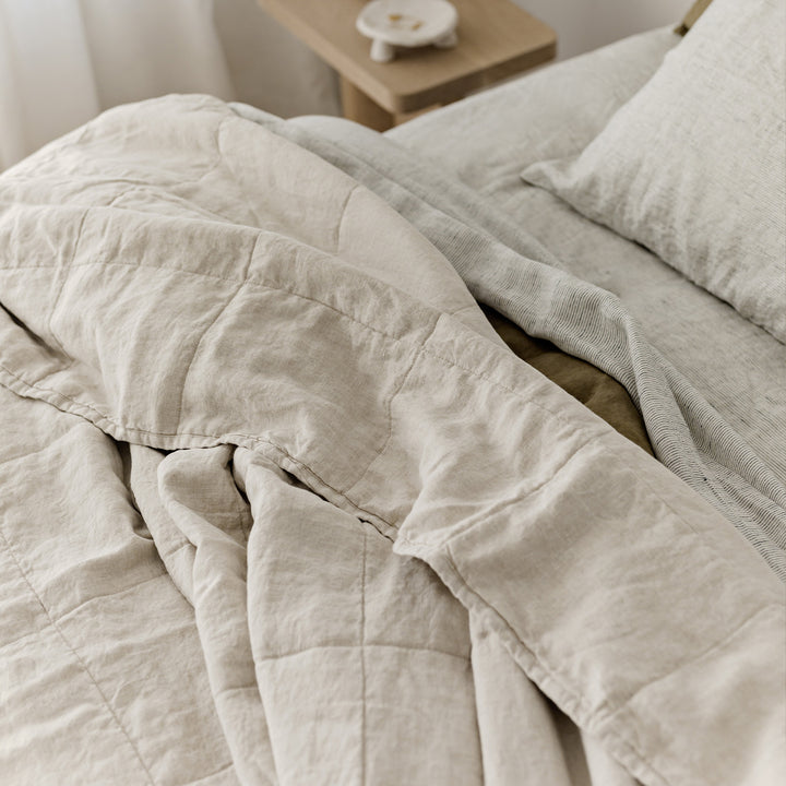 Piped Linen Flat Sheet - Natural and Forest- CULTIVER- USA
