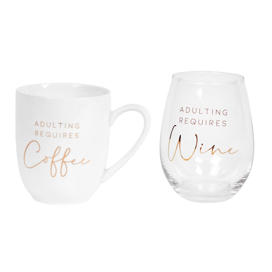 Adulting Requires Coffee/Wine Mug/Glass Set