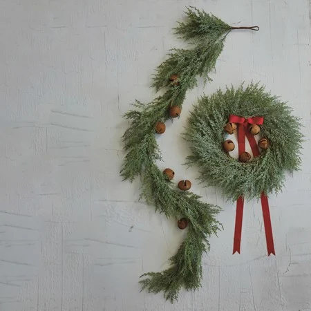 Faux Cedar Garland with Rust Finish Metal bells