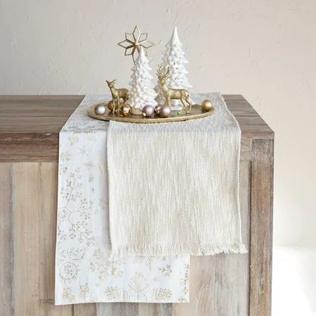 Woven Cotton Slub Table Runner with Metallic Gold