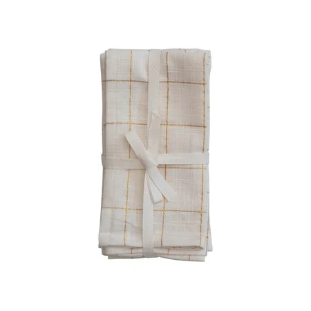 Metallic Gold Square Cotton Napkins with Grid Pattern (SetOf4)