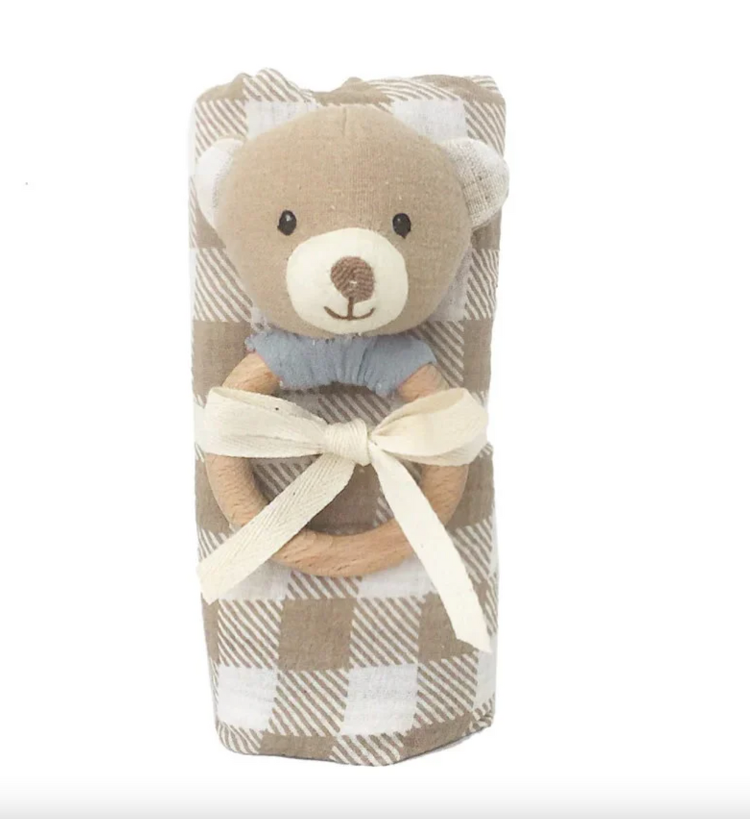 Gingham Muslin and Bear Wood Rattle Gift Set