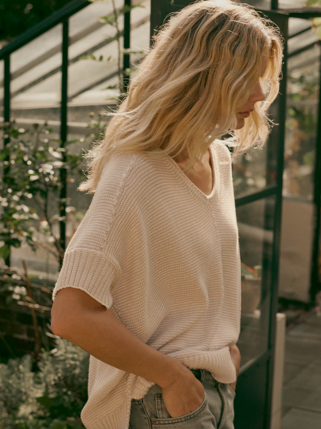 V-neck Cotton Knit Poncho