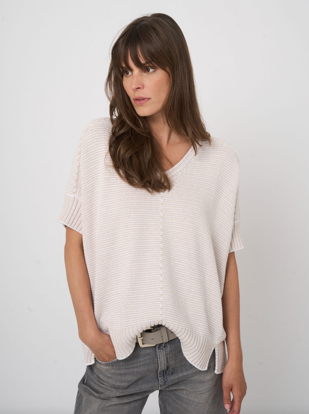 V-neck Cotton Knit Poncho