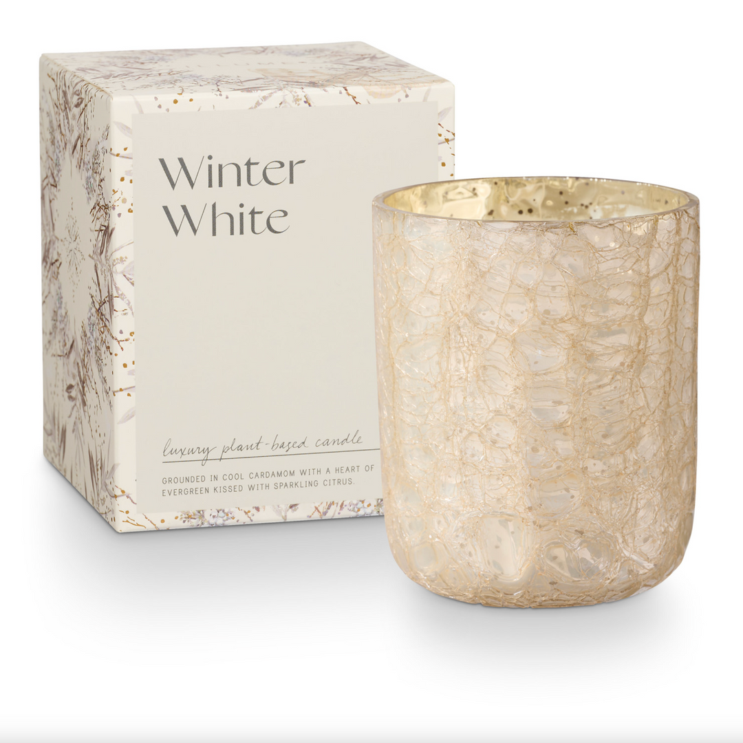 Winter White Crackle Glass Candle