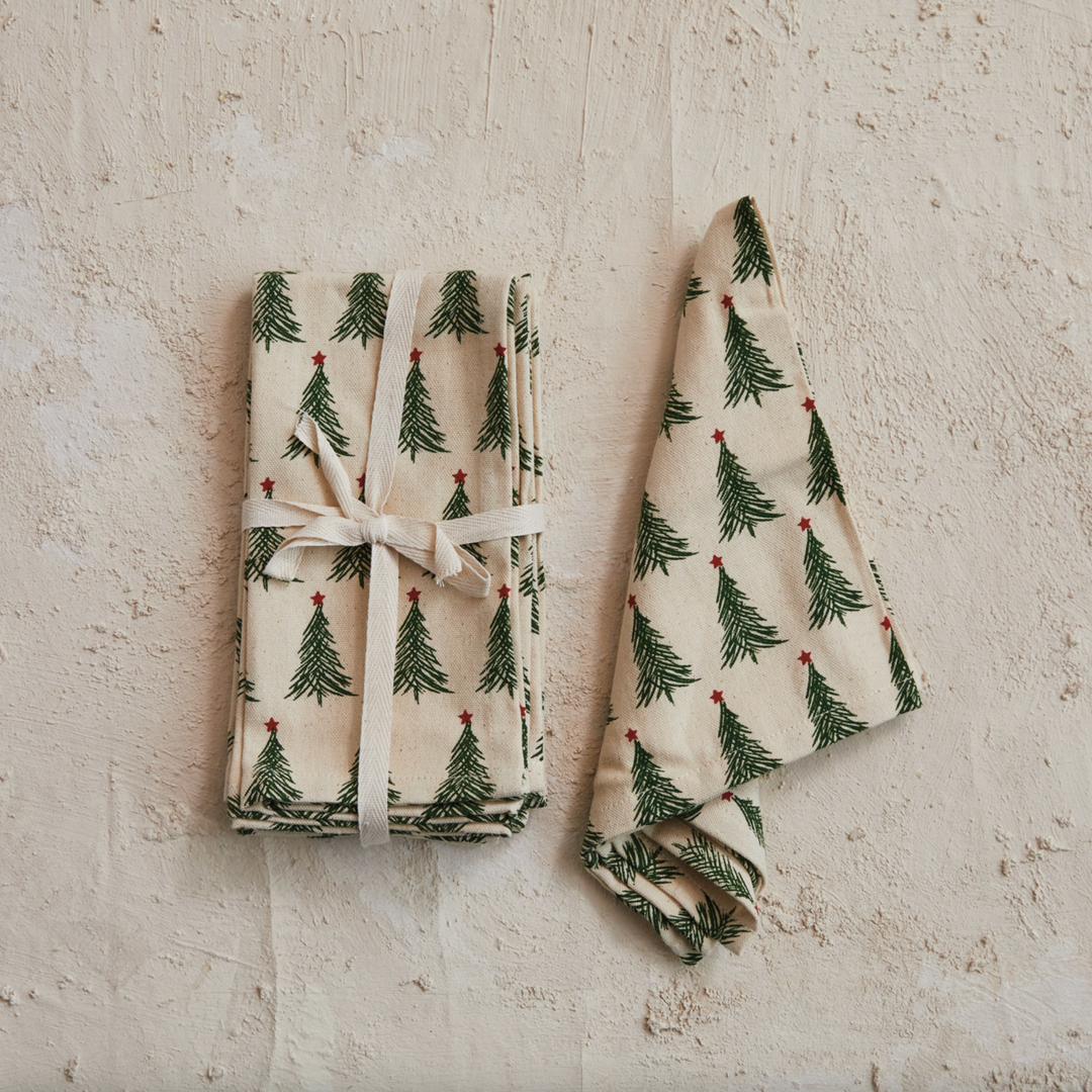 Cotton Printed Napkins w/ Christmas Tree Pattern