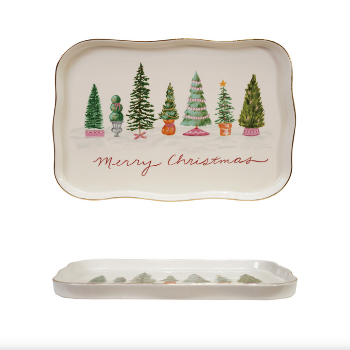 Stoneware Scalloped Platter w/ Trees
