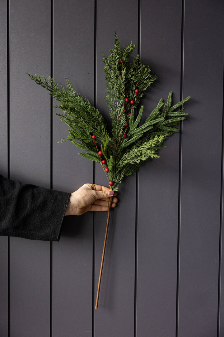 Red Plum Berry Norfolk Cypress Touch Green Faux Stems