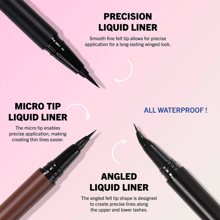 Three liquid liners with features highlighted on a pink background