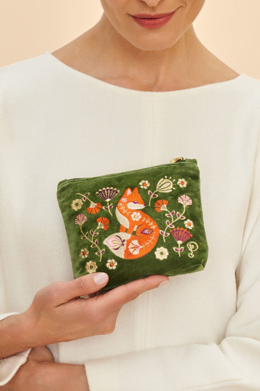 Velvet Embroidered Zip Pouch