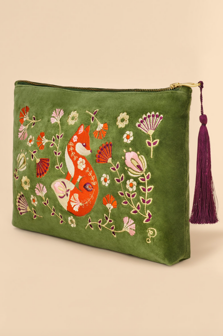 Velvet Embroidered Zip Pouch